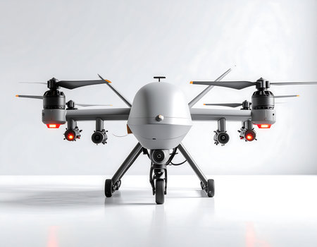 A striking display showcases a large cargo drone, equipped with vibrant indicators. This powerful aerial vehicle is positioned on a sleek white surface, ready for delivery tasks.の素材