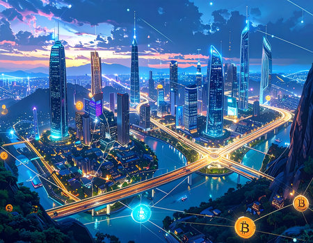 A vibrant, detailed fantasy map features bustling cities named after digital currencies, interconnected with glowing pathways.の素材