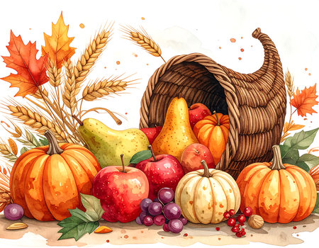 A delightful cornucopia spills its harvest of vibrant pumpkins, juicy pears, bright apples, and golden wheat against a backdrop of colorful autumn leaves. Nature's abundance shines brightly.の素材