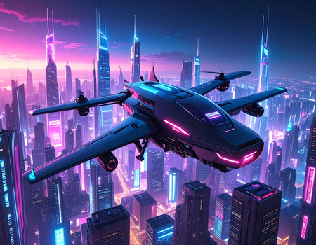 Above the vibrant urban landscape, a sophisticated military drone performs its vigilante duty. Neon lights reflect off its sleek body as it monitors the activity below in a futuristic cityscape.の素材