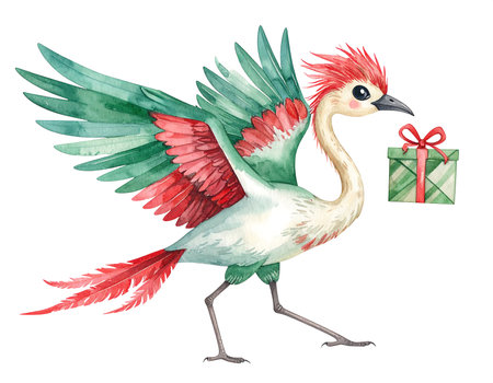Brightly colored Archaeopteryx flutters with excitement, clutching a wrapped present in its beak. Its vibrant feathers shimmer, spreading joy and cheer during a festive occasion.の素材