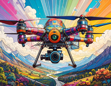 A vibrant pop art depiction features a camera drone soaring above breathtaking mountains. Bold colors and strong outlines bring life to the setting, capturing a sense of adventure and exploration.の素材