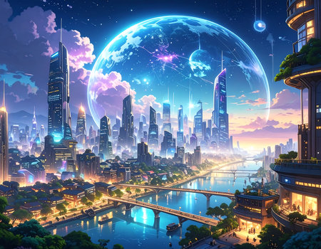 In a vibrant city drenched in twilight, a luminous, transparent Bitcoin hovers elegantly above a glimmering river. Skyscrapers stretch towards an otherworldly moon, creating a surreal atmosphere.の素材