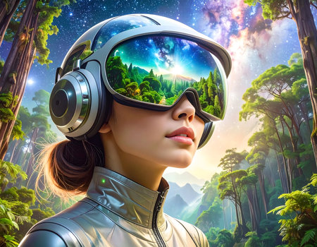 A figure dons a futuristic helmet, projecting a vibrant green forest against a backdrop of twinkling stars. Nature mixes with technology in a breathtaking journey of exploration and imagination.の素材