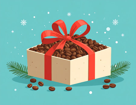 The charming gift box brimming with rich coffee beans is elegantly tied with a bright red ribbon. Sprigs of greenery and gentle snowflakes create a warm, festive atmosphere, perfect for celebration.の素材