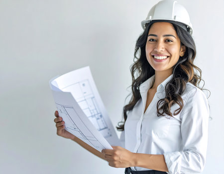 A confident female architect stands in a minimalist workspace, holding a detailed blueprint with a bright smile. Her hard hat and professional attire highlight her dedication to innovative design.の素材