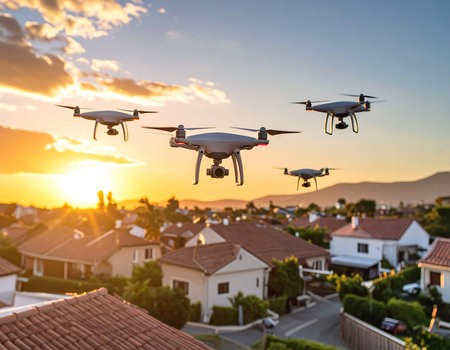 As the sun dips below the horizon, multiple drones soar low over suburban rooftops, their silhouettes striking against the fiery sky. The tranquil evening air buzzes with technology.の素材
