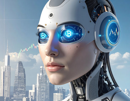 A stunning render features a futuristic robot head against a towering city skyline. Its expressive eyes display constantly changing visuals, reflecting a world of innovation and technology.の素材