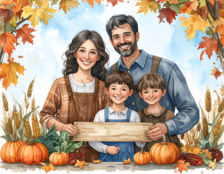 A cheerful family gathers outdoors among autumn leaves and pumpkins, celebrating Thanksgiving together. They wear festive outfits and smile as they hold a wooden sign, radiating happiness.の素材