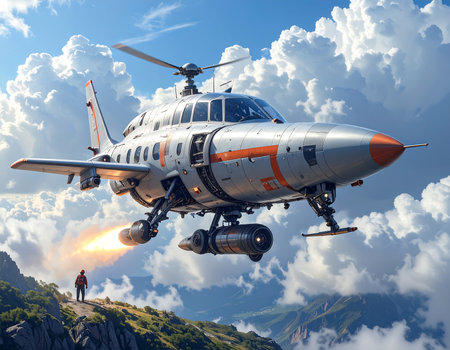 A futuristic drone equipped with a small rocket hovers majestically above lush green mountains under a dramatic sky, showcasing advanced technology and innovation in flight design.の素材