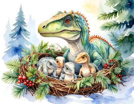 In a serene winter landscape, a gentle Maiasaura lovingly oversees her small brood of baby dinosaurs nestled safely in a nest.の素材