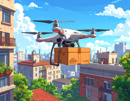 A cheerful cartoon drone hovers gracefully, landing on a rooftop, clutching a pizza box. Below, a bustling apartment complex showcases a lively community amid a beautiful day.の素材
