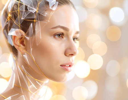 Delicate glass forms intertwine to create an artistic representation of a person, radiating gentle warmth and reflective light.の素材