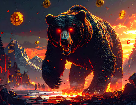 In a haunting realm, a giant, shadowy bear-like creature stands amid an inferno, its red eyes glowing dangerously. Surrounding flames cast an ominous light, as eerie symbols drift through the air.の素材