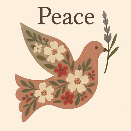 A blush pink dove flies with an olive branch in its beak, adorned with white and red flowers and green leaves. The word Peace is above the dove.の素材