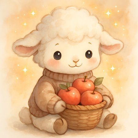 A cute Lamb, wearing a cozy sweater, sits while holding a basket overflowing with ripe, red Apples. Golden sparkles create a magical, inviting atmosphere.の素材