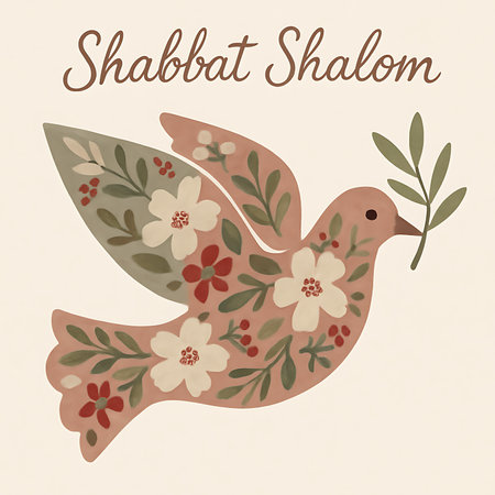 A floral dove carries an olive branch conveying wishes for a peaceful Sabbath, inscribed with 'Shabbat Shalom.' Symbolizing serenity, rest, and blessings for the day.の素材