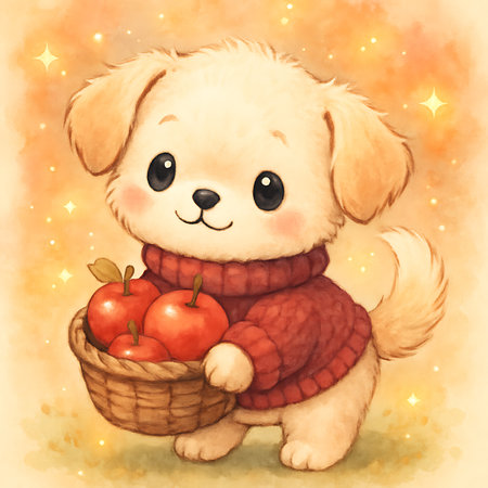 A light-furred puppy wearing a warm red sweater gently carries a woven basket brimming with ripe, red Apples, ready for a delicious Autumn treat. Stars twinkle softly in the background.の素材