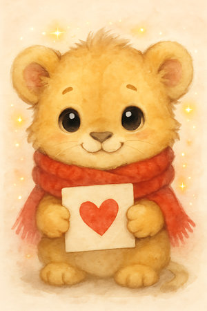 A cute lion cub, with fluffy fur and big eyes, holds a valentine with a red heart. He is wearing a warm red scarf, ready for a cold winter day.の素材