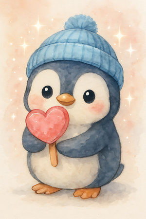 A delightful baby Penguin wearing a blue winter hat presents a pink heart lollipop. Sparkling lights enhance the adorable charm of this watercolor drawing.の素材