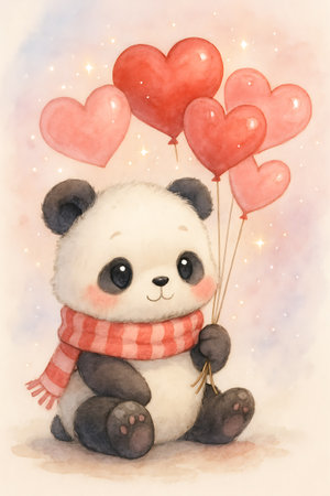 A delightful panda sits with rosy cheeks, a striped scarf, and adorable paws. It is holding several heart shaped balloons in shades of pink and red.の素材