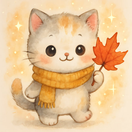 A charming kitten wears a mustard yellow scarf and holds an orange maple leaf. Stars sparkle around the adorable creature during an autumn day, as it brightens up the canvas.の素材