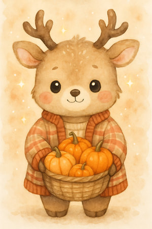 A charming deer character, adorned with a plaid sweater, lovingly carries a basket brimming with bright orange pumpkins. Sparkling stars gently surround the scene.の素材