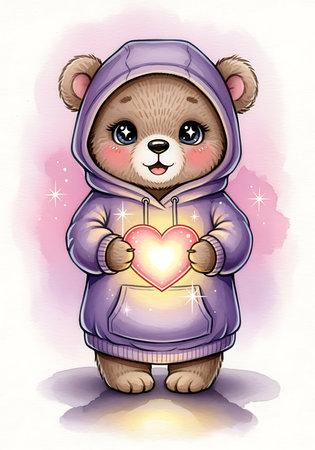 A cute cartoon bear wearing a purple hoodie holds a glowing, pink heart. The background is soft and pastel, with sparkling accents that create a whimsical and charming atmosphere.の素材