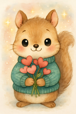 A cute, animated squirrel presents a small bouquet of heart-shaped flowers. The critter is wearing a blue-green sweater and stands against a soft, glowing background.の素材