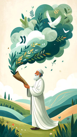 An elder with white beard blowing a Shofar stands in Galilee, as nature bursts forth with verdant leaves, vines, and a white dove flying above a hilly landscape.の素材