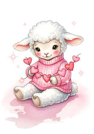 A fluffy Lamb wearing a pink sweater is holding a string of hearts. This adorable scene is set against a soft background, evoking feelings of love and happiness.の素材