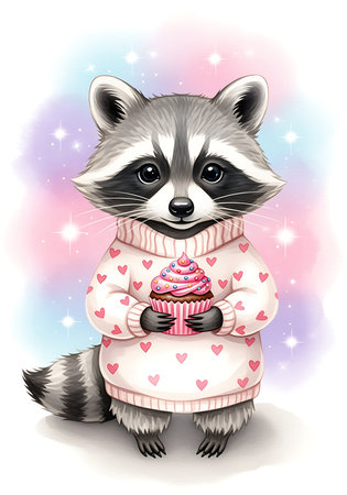 A delightful raccoon, wearing a heart-patterned sweater, lovingly holds a delicious-looking cupcake. The background features a dreamy, colorful Aurora and sparkling stars.の素材