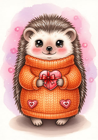 A cheerful hedgehog, with blushing cheeks, is wearing an orange knit sweater adorned with hearts. It is holding a heart-shaped gift box with a red ribbon.の素材
