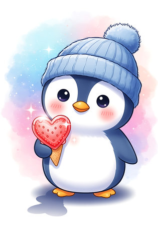 A charming penguin wears a blue knit cap and holds a red, heart-shaped ice cream cone. Watercolor style with gentle hues of pink and blue create a sweet and whimsical feeling.の素材
