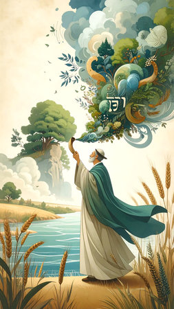 A robed figure stands along a river bank holding a shofar, which emits a swirl of verdant growth, vegetation, and ancient text. The scene evokes a sense of awakening and renewal.の素材