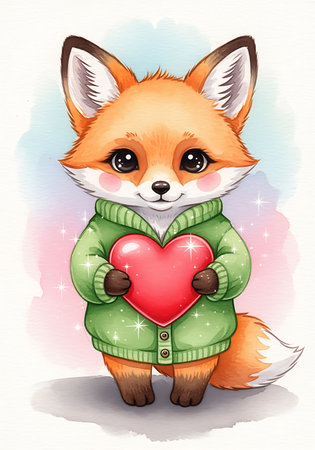 A cute fox stands upright, paws holding a bright red heart. It wears a green jacket that sparkles with light, set against a soft, blended watercolor background. Adorable!の素材