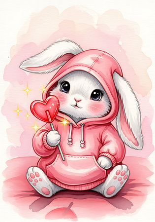 A white bunny in a pink hoodie sweetly holds a heart-shaped lollipop. The background is a soft pink watercolor wash, and sparkles add a magical touch.の素材