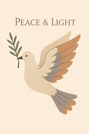 A beige dove soars with wings spread, holding an olive branch in its beak. The words Peace & Light float above, creating a sense of hope and harmony.の素材