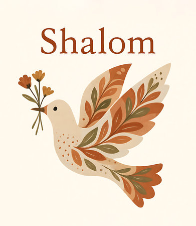 A cream colored dove gracefully soars, holding a small bouquet of warm-toned flowers in its beak. The word Shalom is written above it in a matching warm brown.の素材