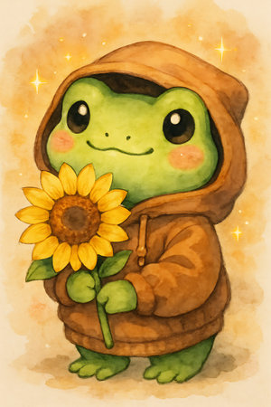 A cute little green Frog, adorned in a brown hoodie, offers a bright yellow Sunflower. The scene exudes warmth and kindness, with gentle sparkles adding a touch of magic.の素材