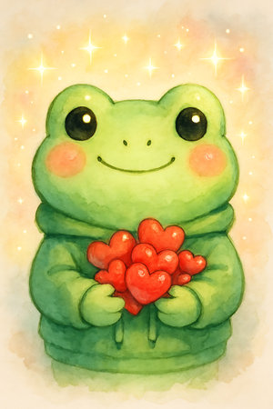 A cute cartoon Frog wearing a green hoodie is holding red hearts. The Frog has pink cheeks and a warm smile. Stars shine around him, indicating joy and love.の素材
