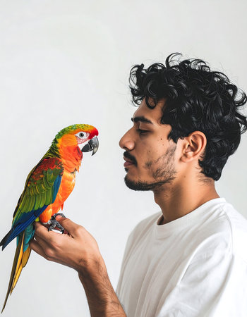 A young man with curly dark hair gazes intently at a vividly colored macaw perched on his hand. The bird reciprocates the look, creating a peaceful and fascinating connection.の素材