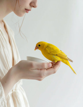 A woman in a white dress tenderly holds a small white bowl. A bright yellow canary perches on her hand, nibbling at food from the bowl in a soft, gentle light.の素材