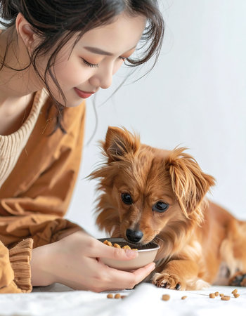 A young woman is feeding her small, brown dog from a bowl. She gazes lovingly at the dog as it eats. It looks to be an indoor setting during the day.の素材