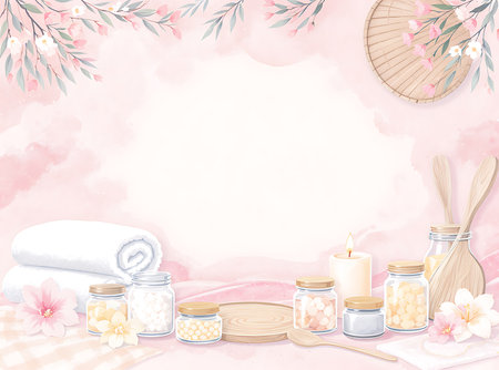 features jars filled with ingredients, towels, a lit candle, and blossom branches on a light pink background. It suggests a soothing and calming atmosphere. Text space backgroundの素材