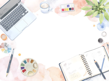 A cozy workspace rendered in watercolor style includes a laptop, watercolors, a plant, coffee, and a notebook. It gives off creative and relaxing vibes. Text space backgroundの素材