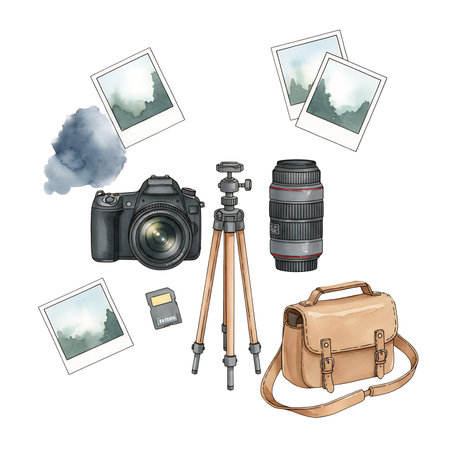 A camera, lens, tripod, bag, memory card, and photos are neatly arranged, suggesting preparation for a nature photography outing. A watercolour cloud adds an artistic touch.の素材