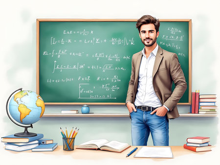 A male teacher is standing in a classroom in front of a green chalkboard with math equations on it. He is wearing a jacket and jeans. There is a globe on the desk.の素材