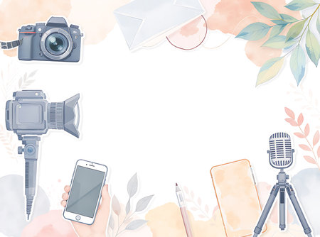 Watercolor style art shows creative tools like cameras, microphones, and phones arranged around a blank workspace perfect for digital media projects.の素材
