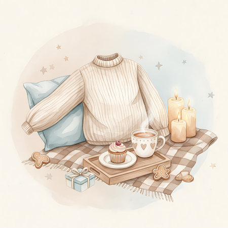 A cozy scene unfolds with a warm sweater, lit candles, a delicious cupcake and hot beverage, promising a relaxing time during a cold winter day. A wrapped gift sits nearby.の素材